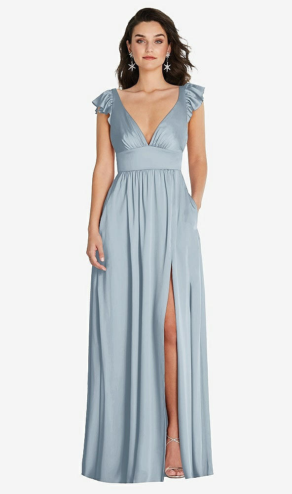 Front View - Mist Deep V-Neck Ruffle Cap Sleeve Maxi Dress with Convertible Straps