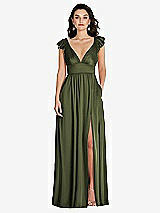 Front View Thumbnail - Olive Green Deep V-Neck Ruffle Cap Sleeve Maxi Dress with Convertible Straps