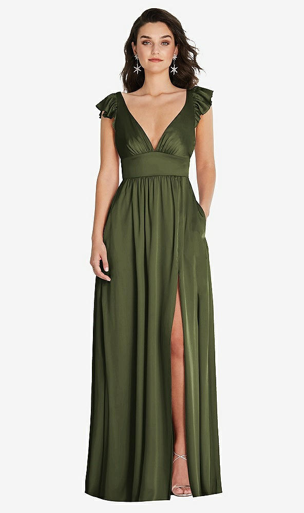 Front View - Olive Green Deep V-Neck Ruffle Cap Sleeve Maxi Dress with Convertible Straps