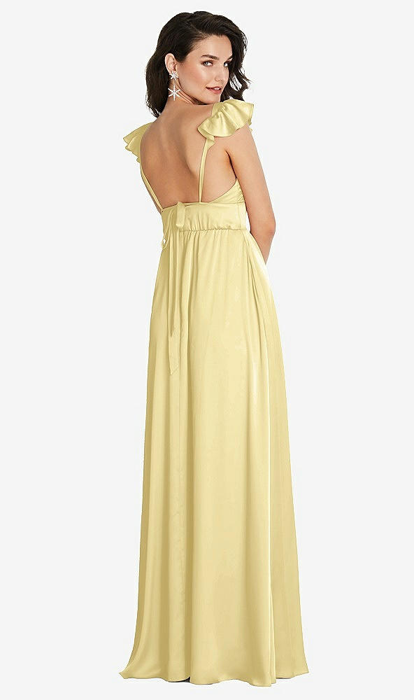 Back View - Pale Yellow Deep V-Neck Ruffle Cap Sleeve Maxi Dress with Convertible Straps