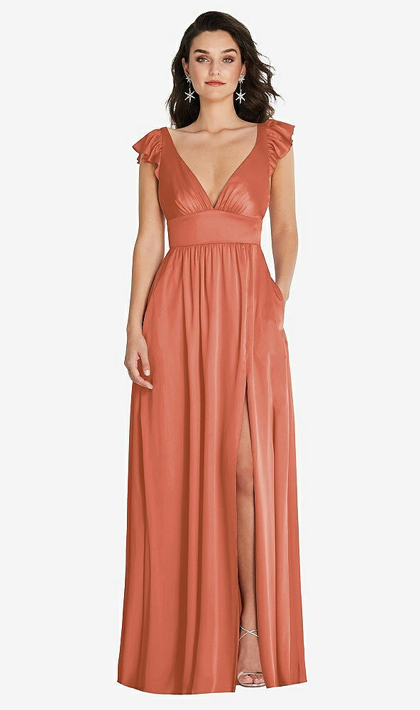 Front View - Terracotta Copper Deep V-Neck Ruffle Cap Sleeve Maxi Dress with Convertible Straps