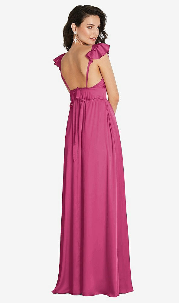 Back View - Tea Rose Deep V-Neck Ruffle Cap Sleeve Maxi Dress with Convertible Straps