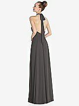 Rear View Thumbnail - Caviar Gray Halter Backless Maxi Dress with Crystal Button Ruffle Placket
