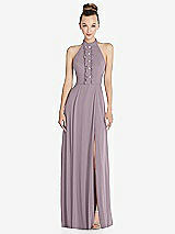Front View Thumbnail - Lilac Dusk Halter Backless Maxi Dress with Crystal Button Ruffle Placket