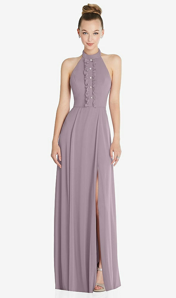 Front View - Lilac Dusk Halter Backless Maxi Dress with Crystal Button Ruffle Placket