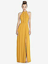 Front View Thumbnail - NYC Yellow Halter Backless Maxi Dress with Crystal Button Ruffle Placket