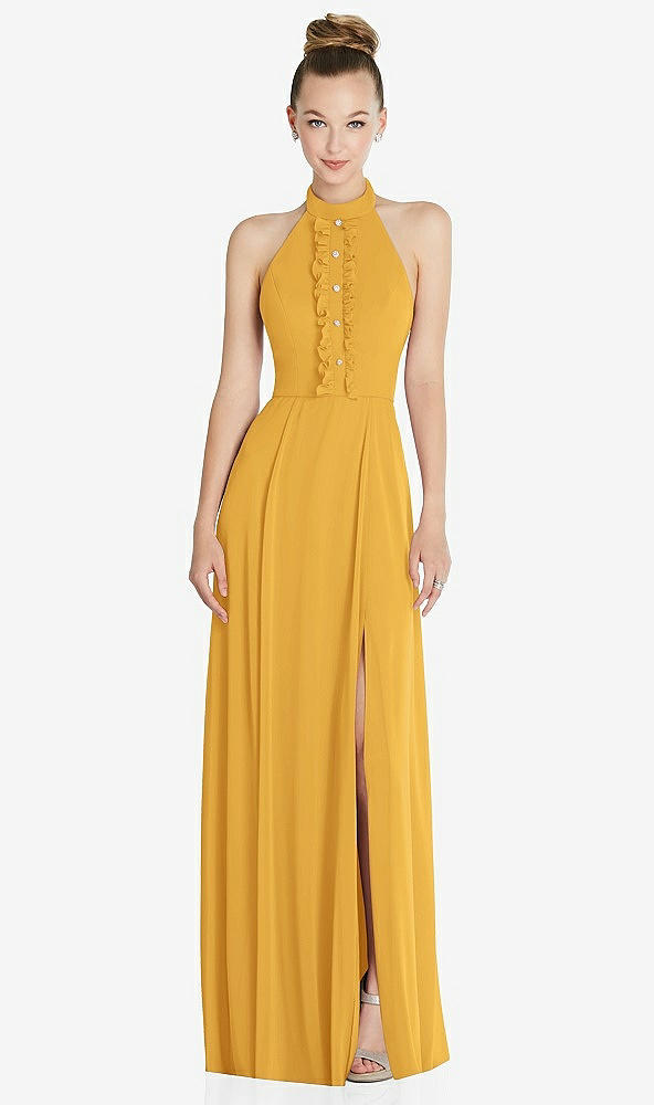 Front View - NYC Yellow Halter Backless Maxi Dress with Crystal Button Ruffle Placket