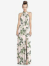 Front View Thumbnail - Palm Beach Print Halter Backless Maxi Dress with Crystal Button Ruffle Placket
