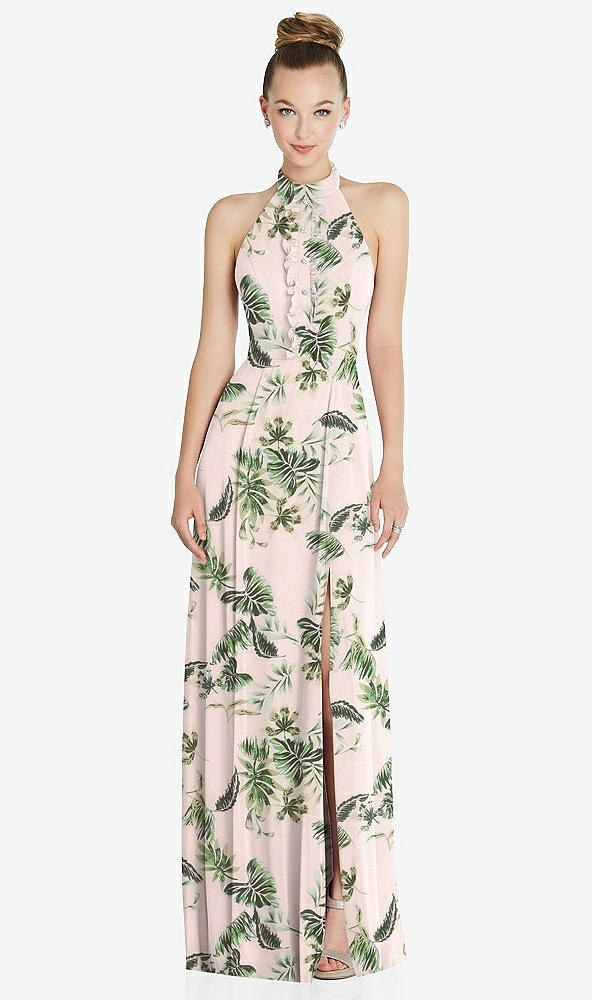 Front View - Palm Beach Print Halter Backless Maxi Dress with Crystal Button Ruffle Placket