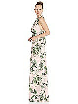 Side View Thumbnail - Palm Beach Print Halter Backless Maxi Dress with Crystal Button Ruffle Placket