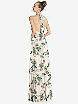 Rear View Thumbnail - Palm Beach Print Halter Backless Maxi Dress with Crystal Button Ruffle Placket