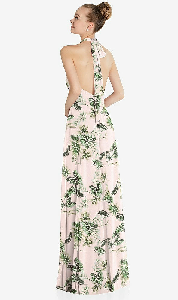 Back View - Palm Beach Print Halter Backless Maxi Dress with Crystal Button Ruffle Placket