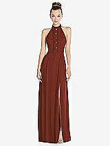 Front View Thumbnail - Auburn Moon Halter Backless Maxi Dress with Crystal Button Ruffle Placket