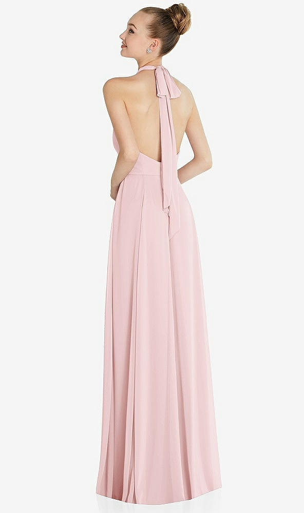 Back View - Ballet Pink Halter Backless Maxi Dress with Crystal Button Ruffle Placket