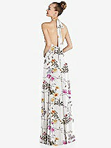 Rear View Thumbnail - Butterfly Botanica Ivory Halter Backless Maxi Dress with Crystal Button Ruffle Placket