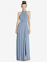 Front View Thumbnail - Cloudy Halter Backless Maxi Dress with Crystal Button Ruffle Placket