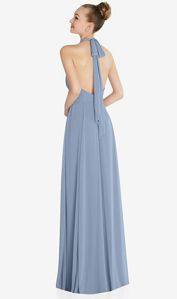 Back View - Cloudy Halter Backless Maxi Dress with Crystal Button Ruffle Placket