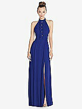 Front View Thumbnail - Cobalt Blue Halter Backless Maxi Dress with Crystal Button Ruffle Placket