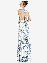 Rear View Thumbnail - Cottage Rose Dusk Blue Halter Backless Maxi Dress with Crystal Button Ruffle Placket