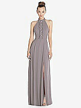 Front View Thumbnail - Cashmere Gray Halter Backless Maxi Dress with Crystal Button Ruffle Placket