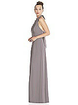 Side View Thumbnail - Cashmere Gray Halter Backless Maxi Dress with Crystal Button Ruffle Placket