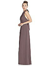 Side View Thumbnail - French Truffle Halter Backless Maxi Dress with Crystal Button Ruffle Placket