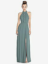 Front View Thumbnail - Icelandic Halter Backless Maxi Dress with Crystal Button Ruffle Placket