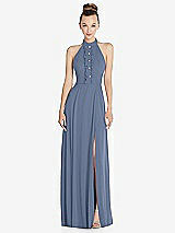 Front View Thumbnail - Larkspur Blue Halter Backless Maxi Dress with Crystal Button Ruffle Placket