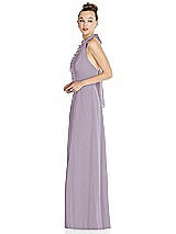 Side View Thumbnail - Lilac Haze Halter Backless Maxi Dress with Crystal Button Ruffle Placket