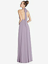 Rear View Thumbnail - Lilac Haze Halter Backless Maxi Dress with Crystal Button Ruffle Placket