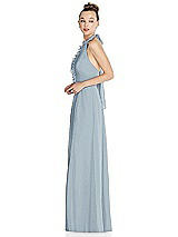 Side View Thumbnail - Mist Halter Backless Maxi Dress with Crystal Button Ruffle Placket