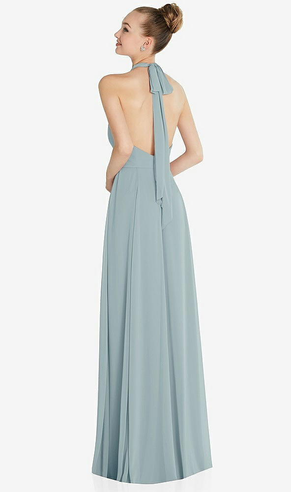 Back View - Morning Sky Halter Backless Maxi Dress with Crystal Button Ruffle Placket