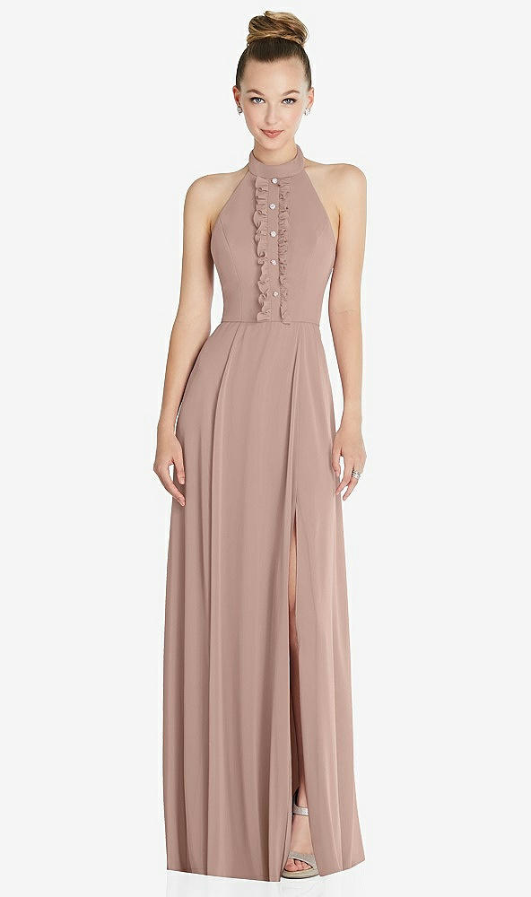 Front View - Neu Nude Halter Backless Maxi Dress with Crystal Button Ruffle Placket