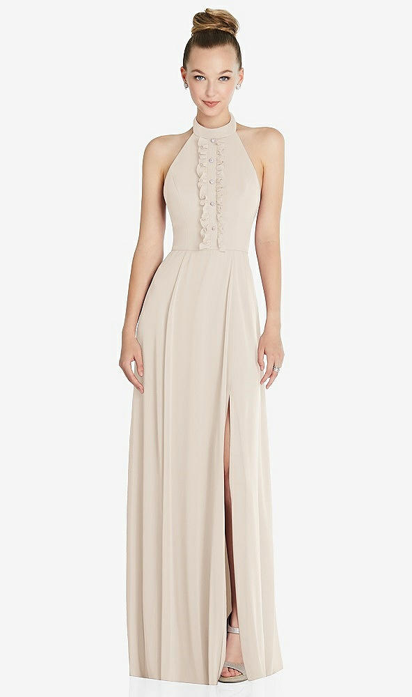 Front View - Oat Halter Backless Maxi Dress with Crystal Button Ruffle Placket