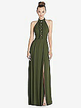 Front View Thumbnail - Olive Green Halter Backless Maxi Dress with Crystal Button Ruffle Placket