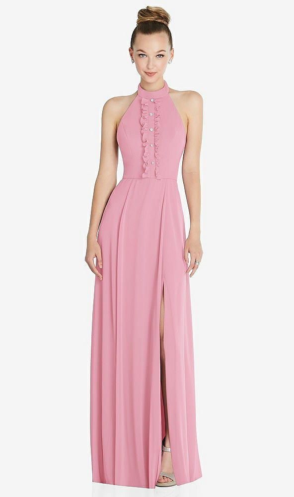 Front View - Peony Pink Halter Backless Maxi Dress with Crystal Button Ruffle Placket