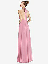 Rear View Thumbnail - Peony Pink Halter Backless Maxi Dress with Crystal Button Ruffle Placket