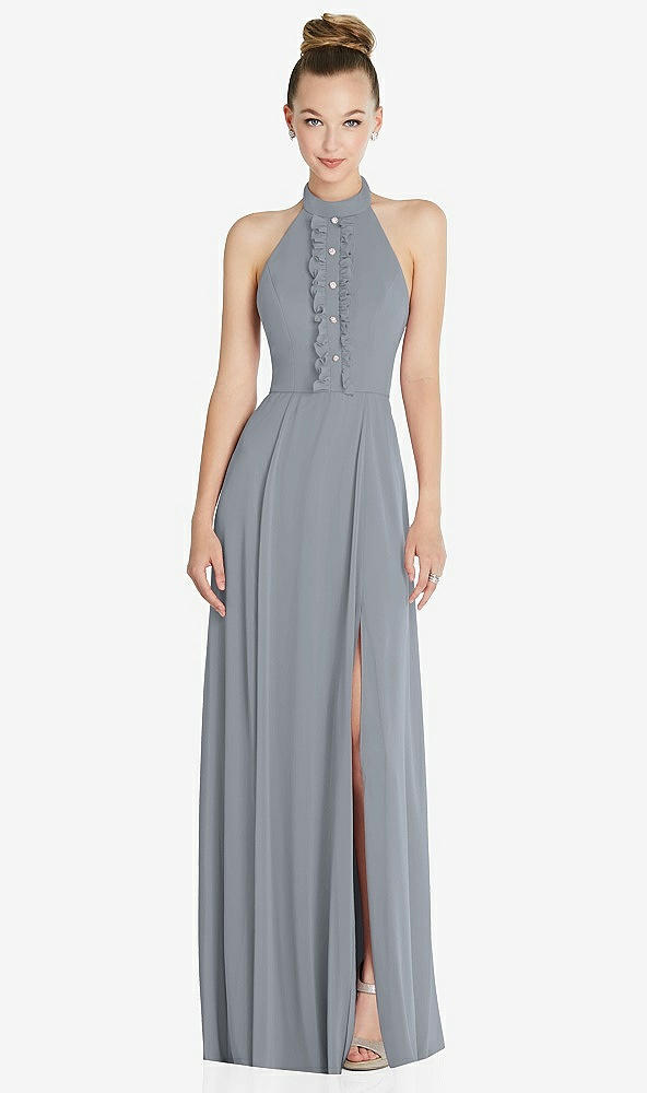 Front View - Platinum Halter Backless Maxi Dress with Crystal Button Ruffle Placket