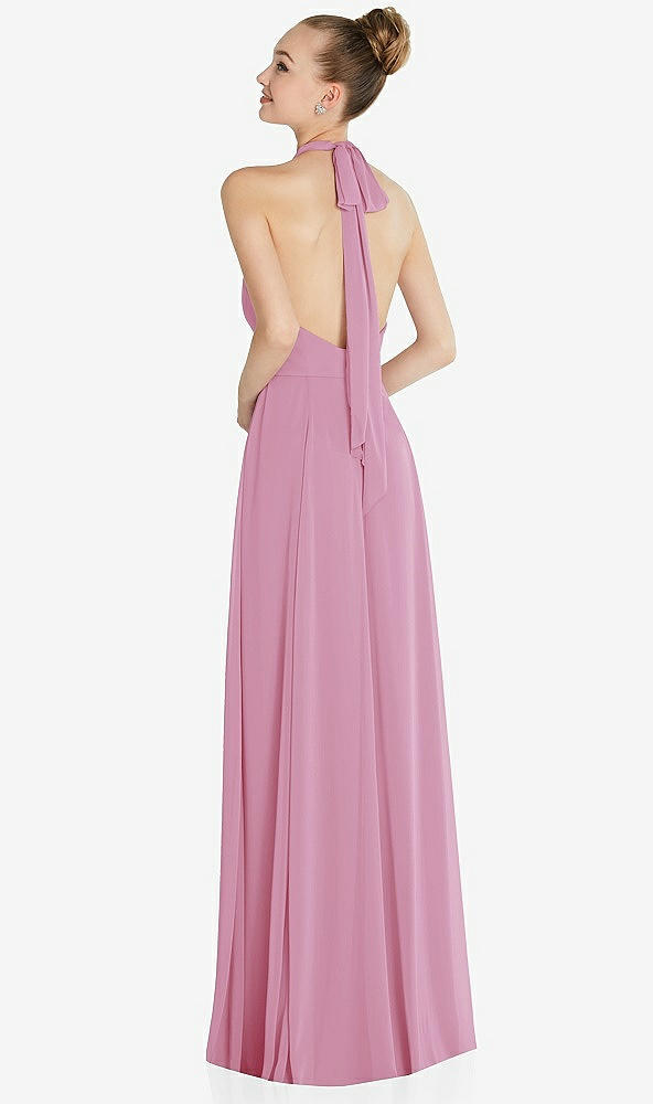 Back View - Powder Pink Halter Backless Maxi Dress with Crystal Button Ruffle Placket