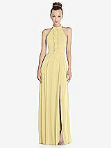 Front View Thumbnail - Pale Yellow Halter Backless Maxi Dress with Crystal Button Ruffle Placket