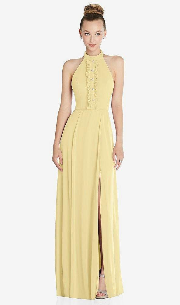 Front View - Pale Yellow Halter Backless Maxi Dress with Crystal Button Ruffle Placket
