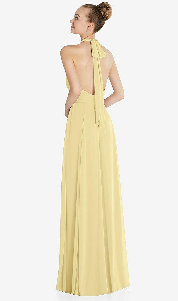 Back View - Pale Yellow Halter Backless Maxi Dress with Crystal Button Ruffle Placket