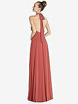 Rear View Thumbnail - Coral Pink Halter Backless Maxi Dress with Crystal Button Ruffle Placket