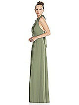 Side View Thumbnail - Sage Halter Backless Maxi Dress with Crystal Button Ruffle Placket