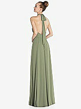 Rear View Thumbnail - Sage Halter Backless Maxi Dress with Crystal Button Ruffle Placket