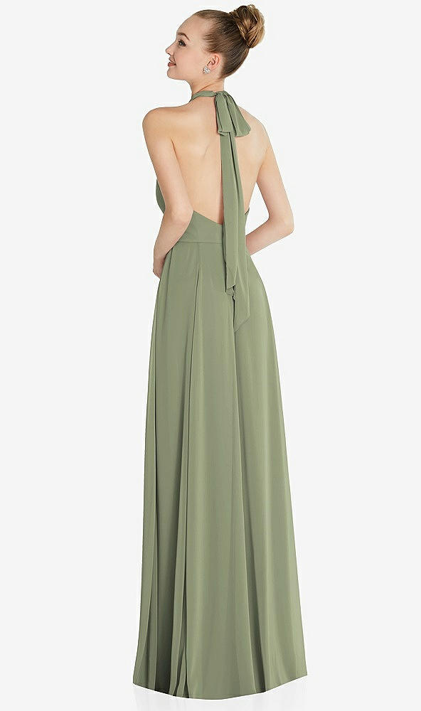 Back View - Sage Halter Backless Maxi Dress with Crystal Button Ruffle Placket