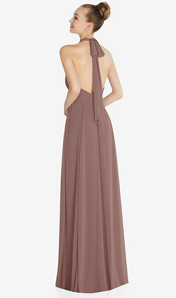 Back View - Sienna Halter Backless Maxi Dress with Crystal Button Ruffle Placket