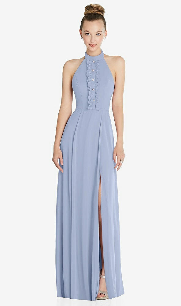 Front View - Sky Blue Halter Backless Maxi Dress with Crystal Button Ruffle Placket