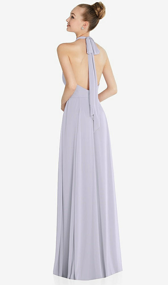 Back View - Silver Dove Halter Backless Maxi Dress with Crystal Button Ruffle Placket
