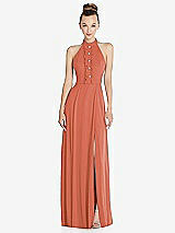 Front View Thumbnail - Terracotta Copper Halter Backless Maxi Dress with Crystal Button Ruffle Placket